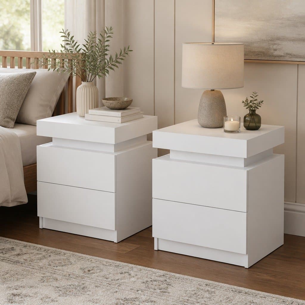 White Bedside Table with 2 Drawers and Lift-Up Top
