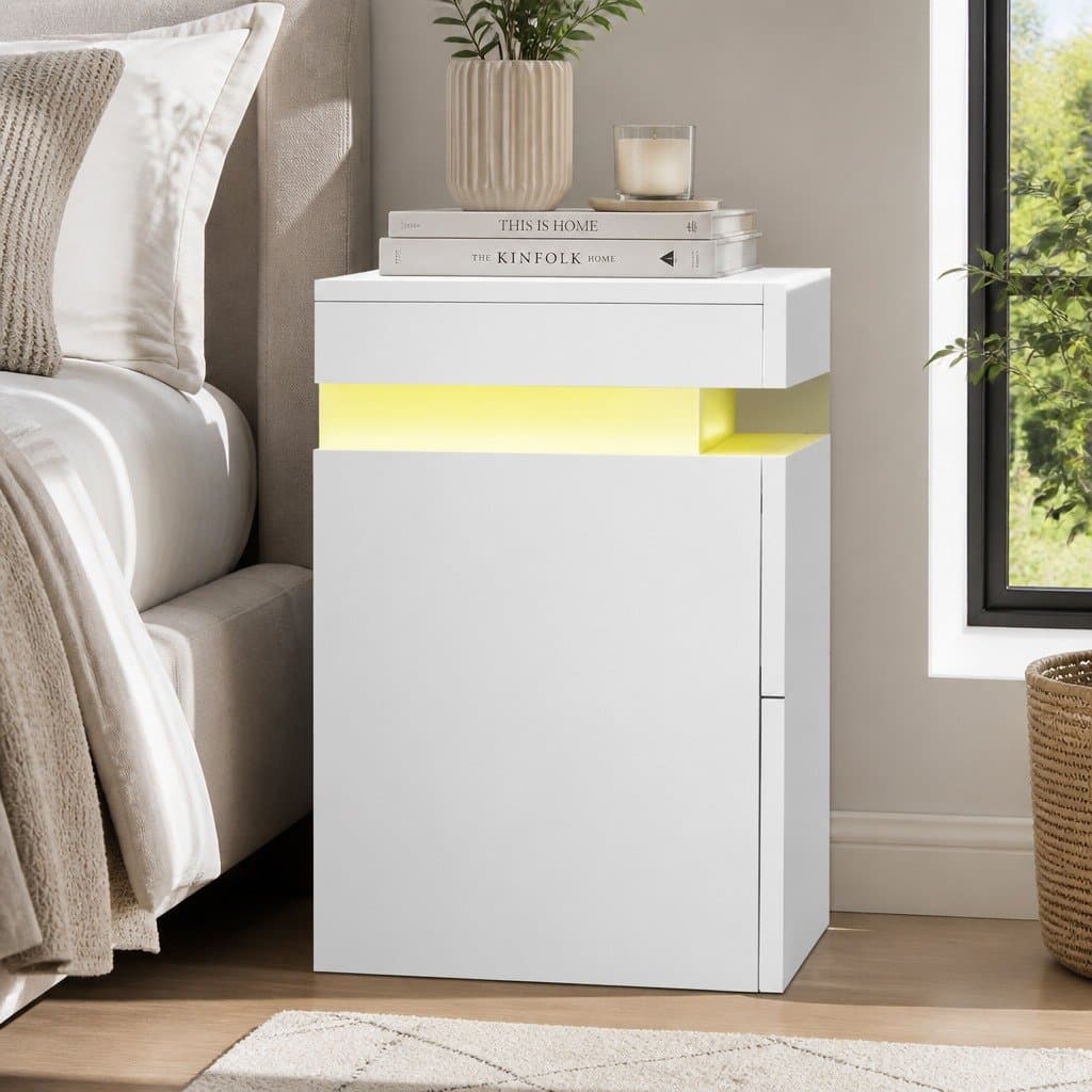 White Bedside Table with LED Lighting & Storage