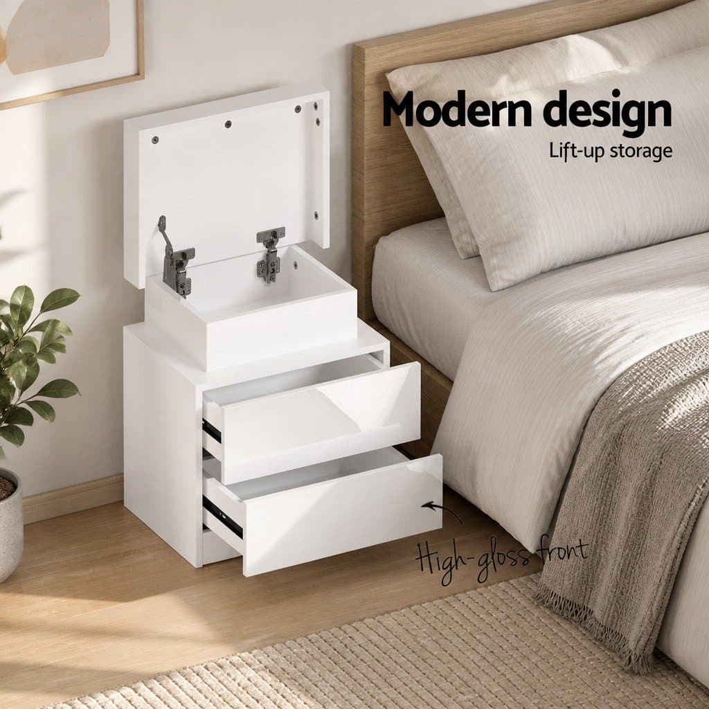 White Bedside Table with LED Lighting & Storage