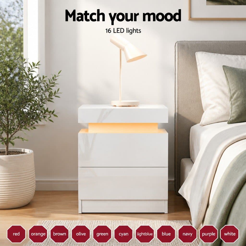 White Bedside Table with LED Lighting & Storage