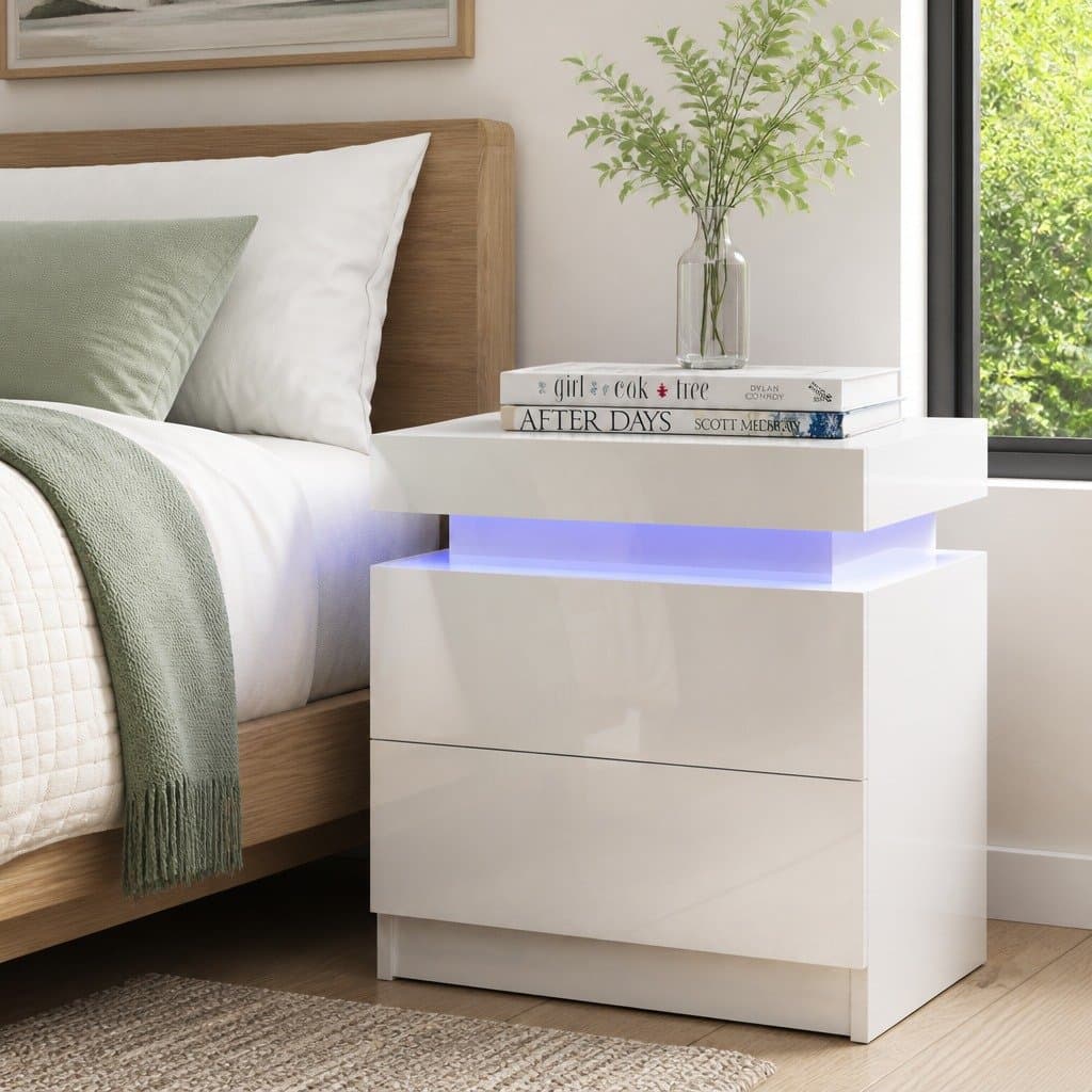 White Bedside Table with LED Lighting & Storage