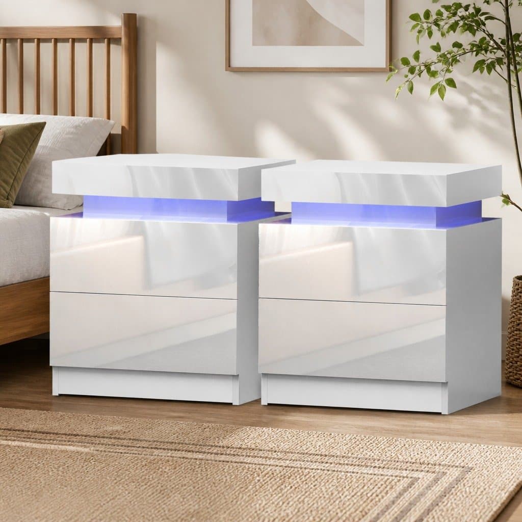 White Bedside Table with LED and 2 Drawers