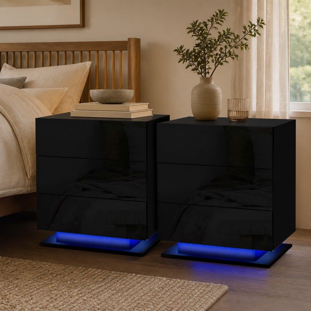 Black Bedside Table with LED and 3 Drawers