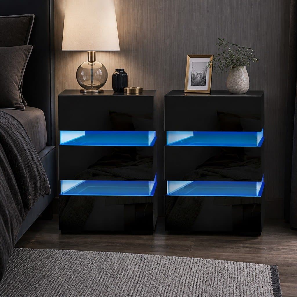 Black Bedside Table with LED Light & 3 Drawers