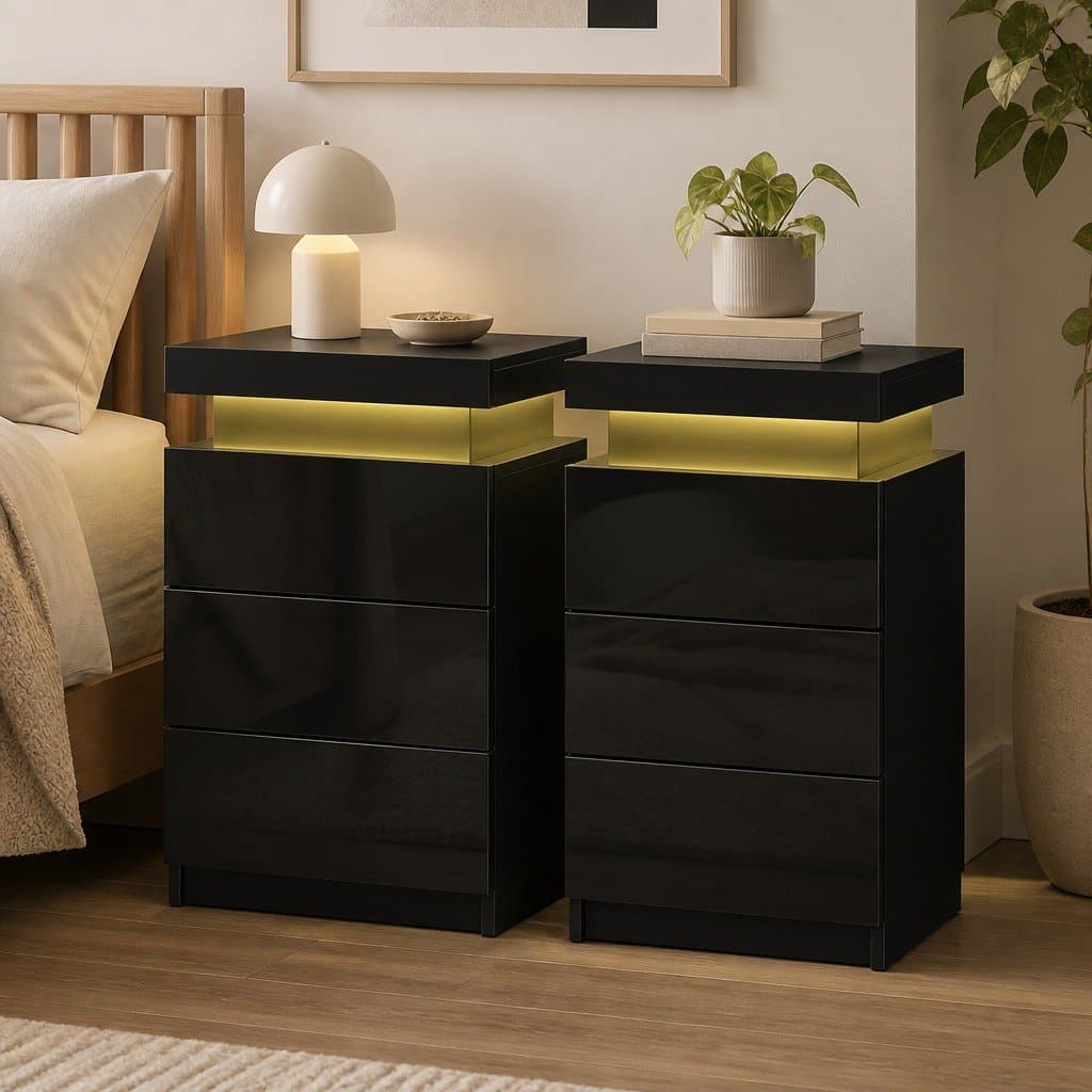 LED-Illuminated Black Bedside Table with 3 Drawers