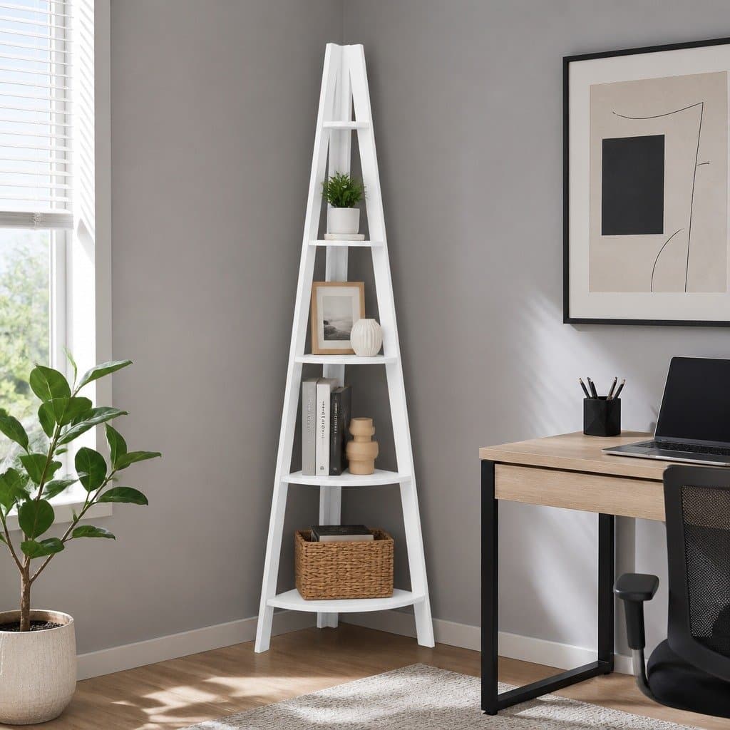 5-Tier White Corner Ladder Shelf for Storage
