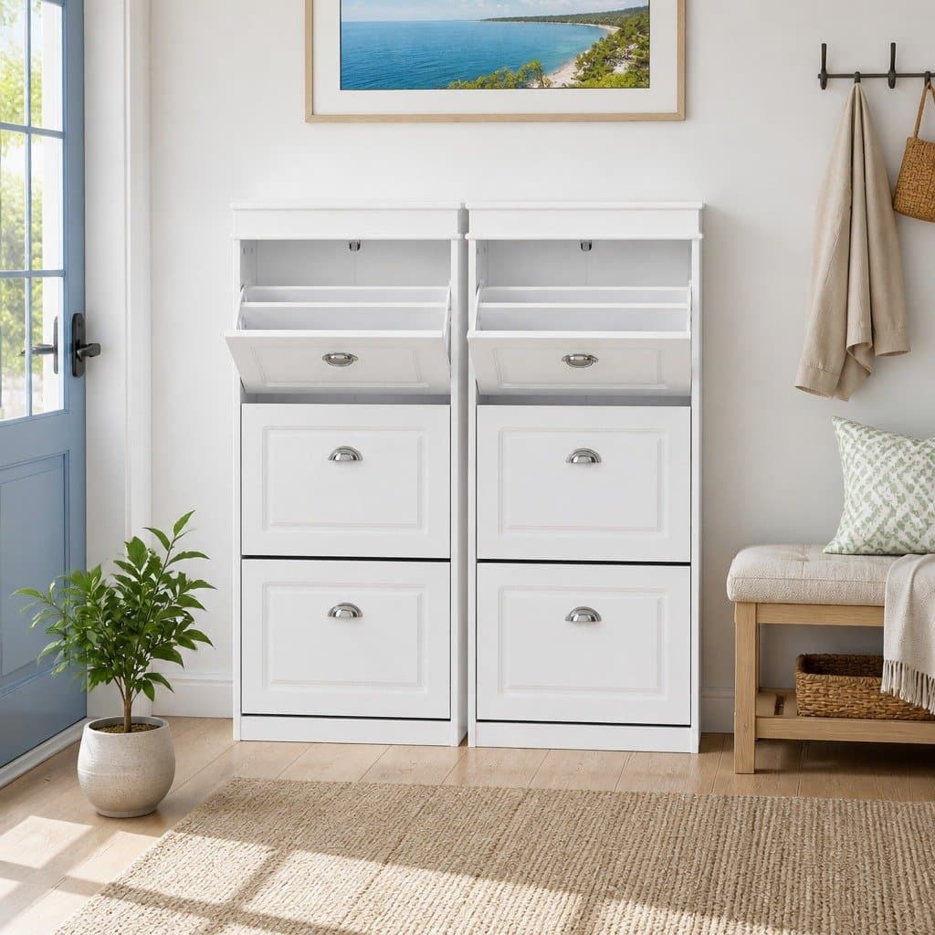 White 2-Piece Shoe Cabinet Set with 3 Flip Drawers