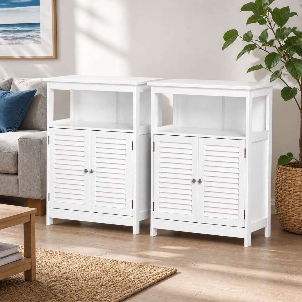 White Buffet Cabinet with Two Doors and Open Shelf