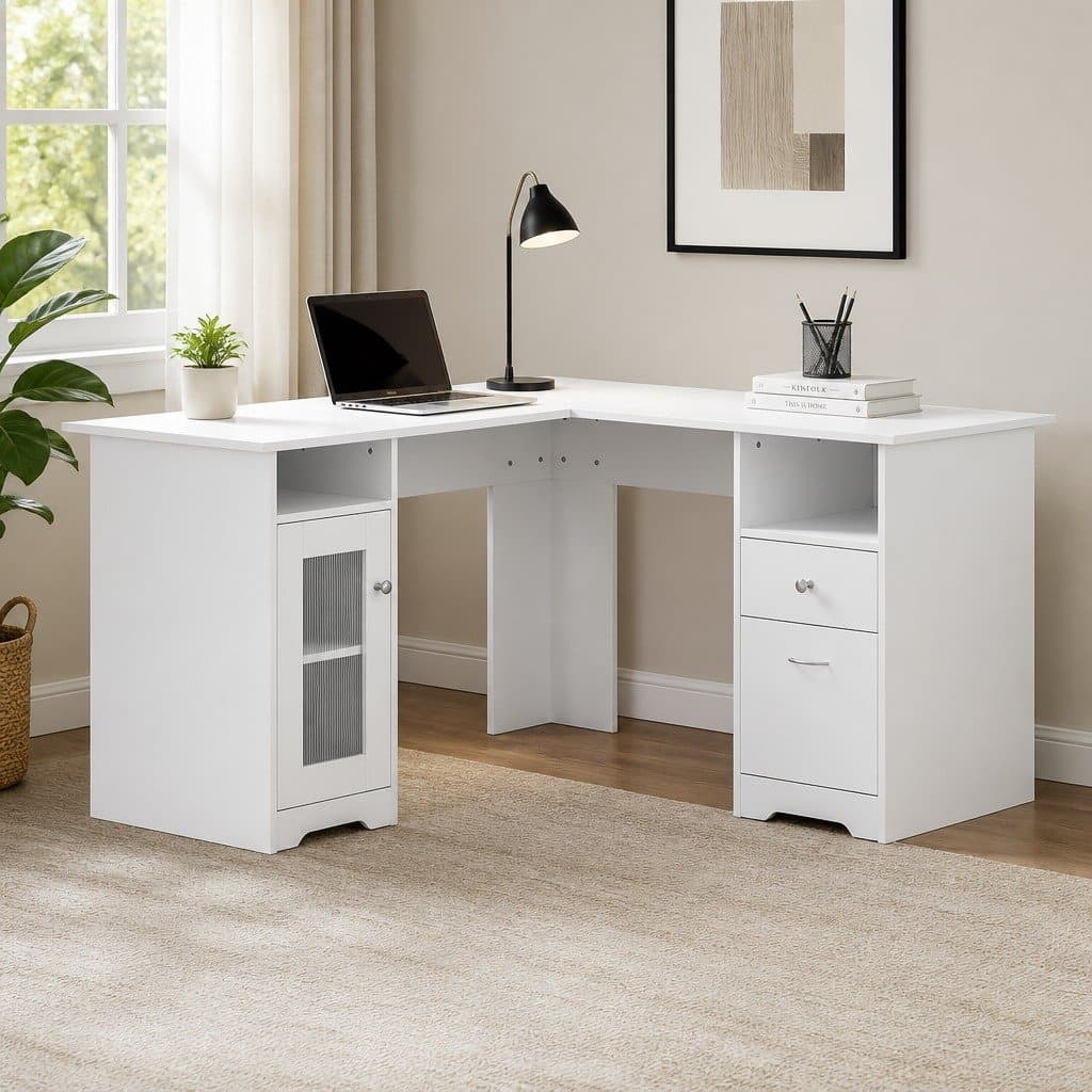 L-Shape Computer Desk with Storage and Drawers