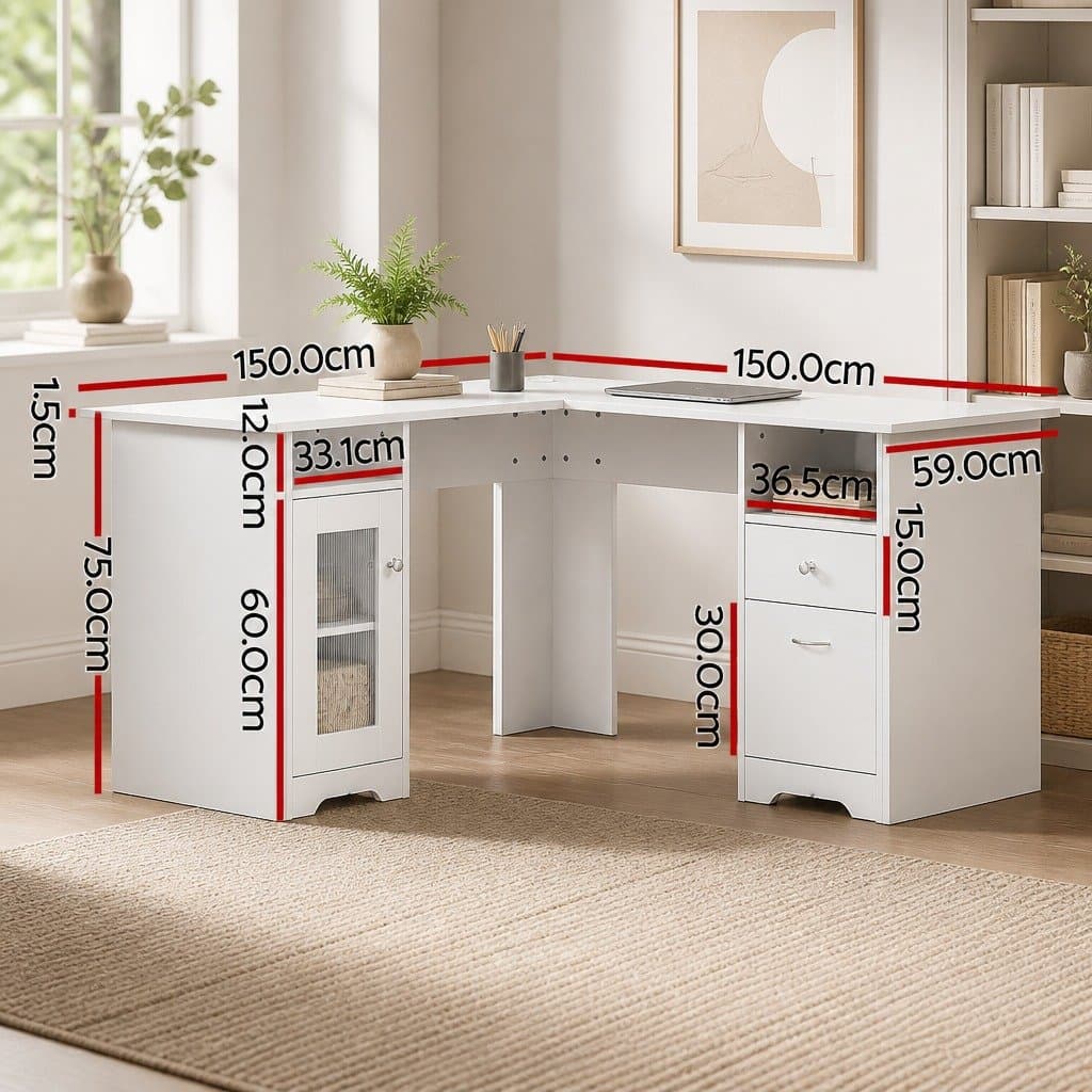 L-Shape Computer Desk with Storage and Drawers
