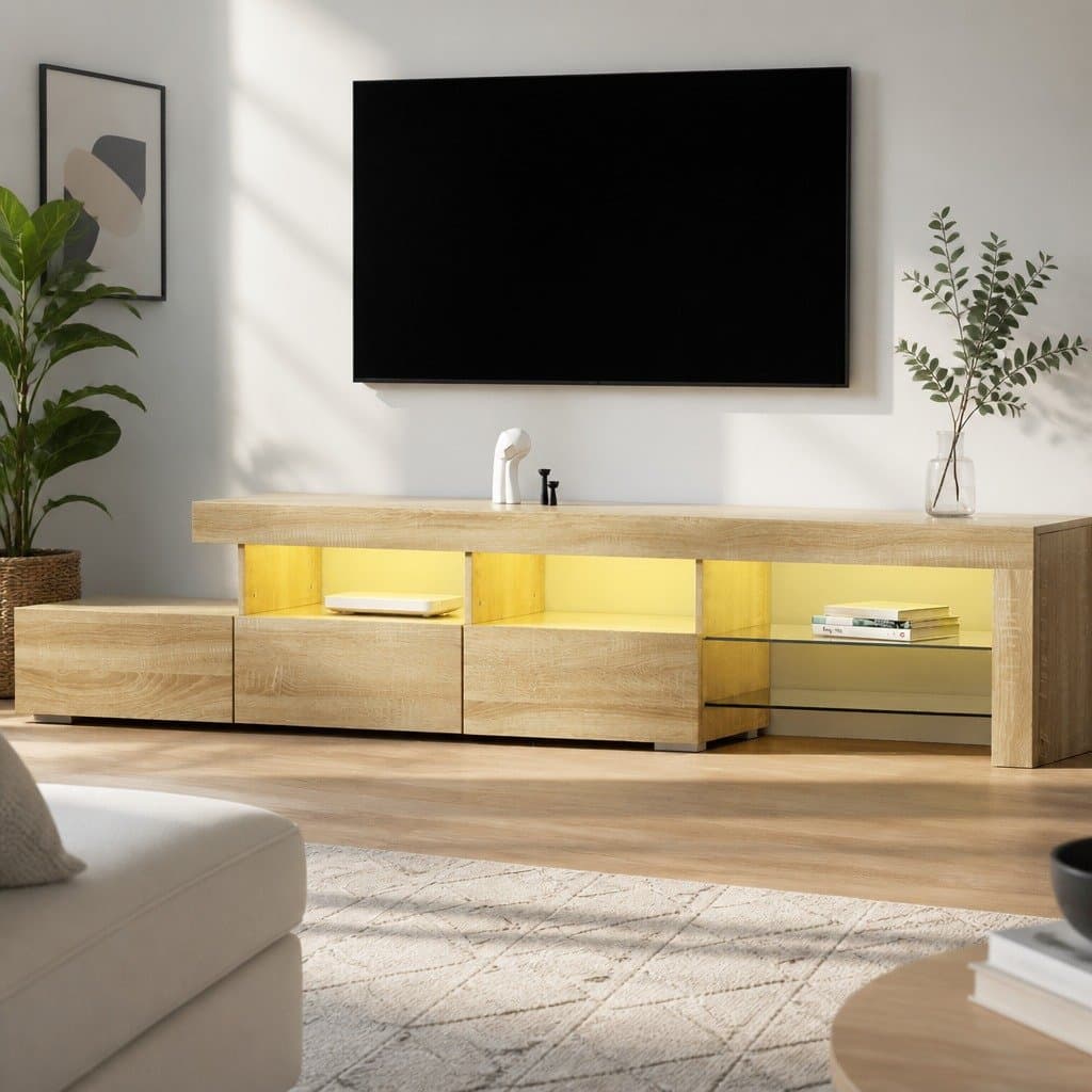215cm LED Pine Wood Entertainment Unit TV Cabinet