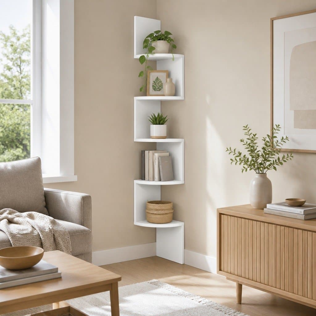 Wall Corner Floating Shelf 5-Tier White Storage Display Shelving Unit