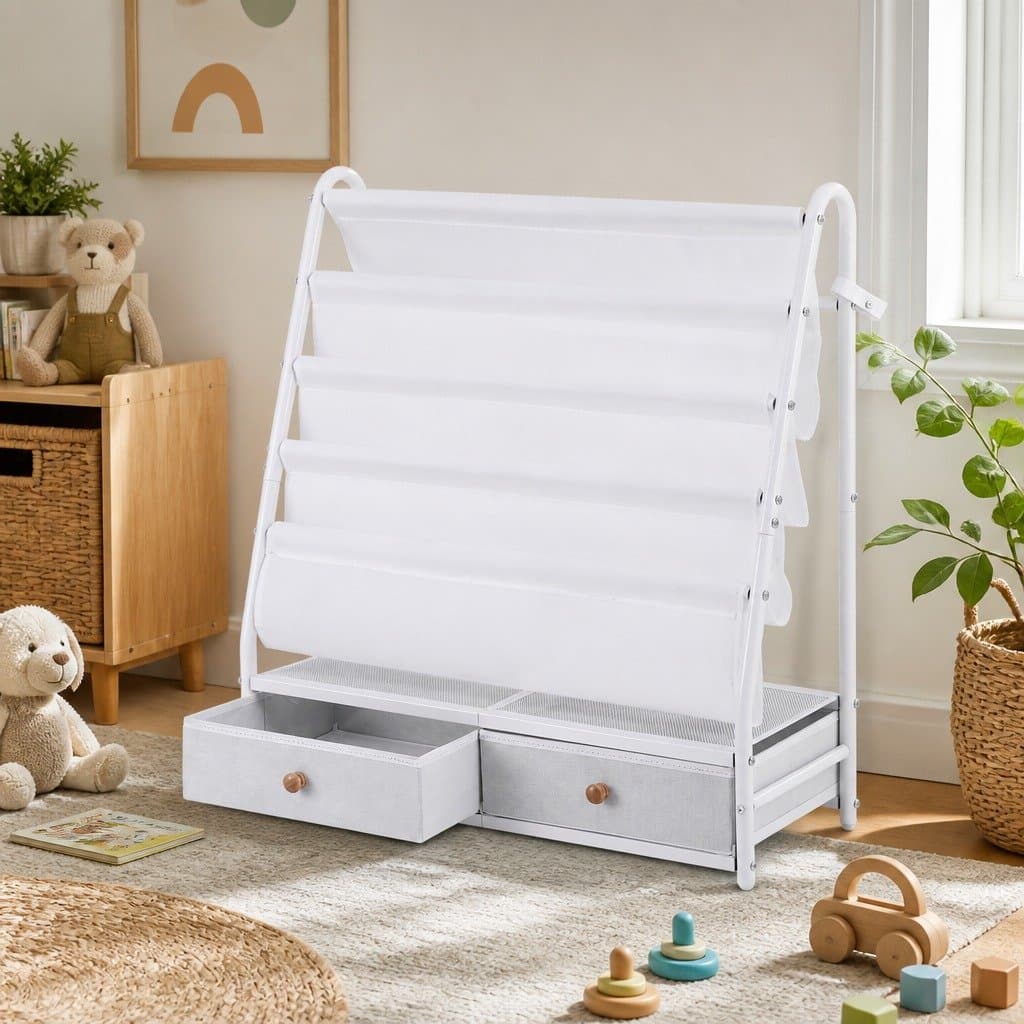 Metal Kids Bookshelf with Drawer Storage in White