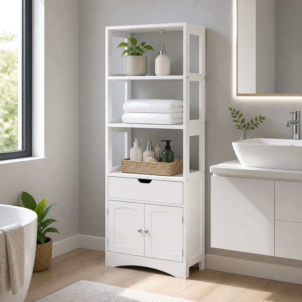 White Bathroom Storage Cabinet with 2 Drawers & 3 Shelves