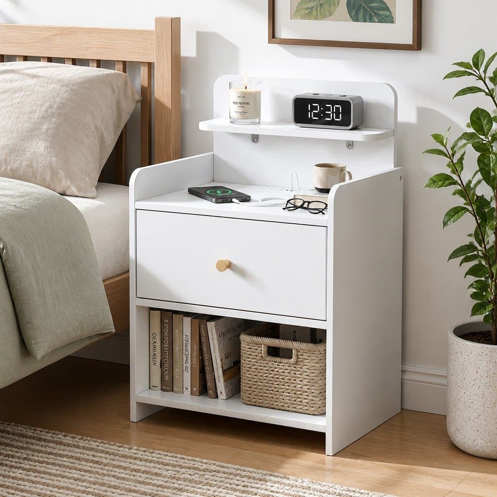 White Bedside Table with Charging Station
