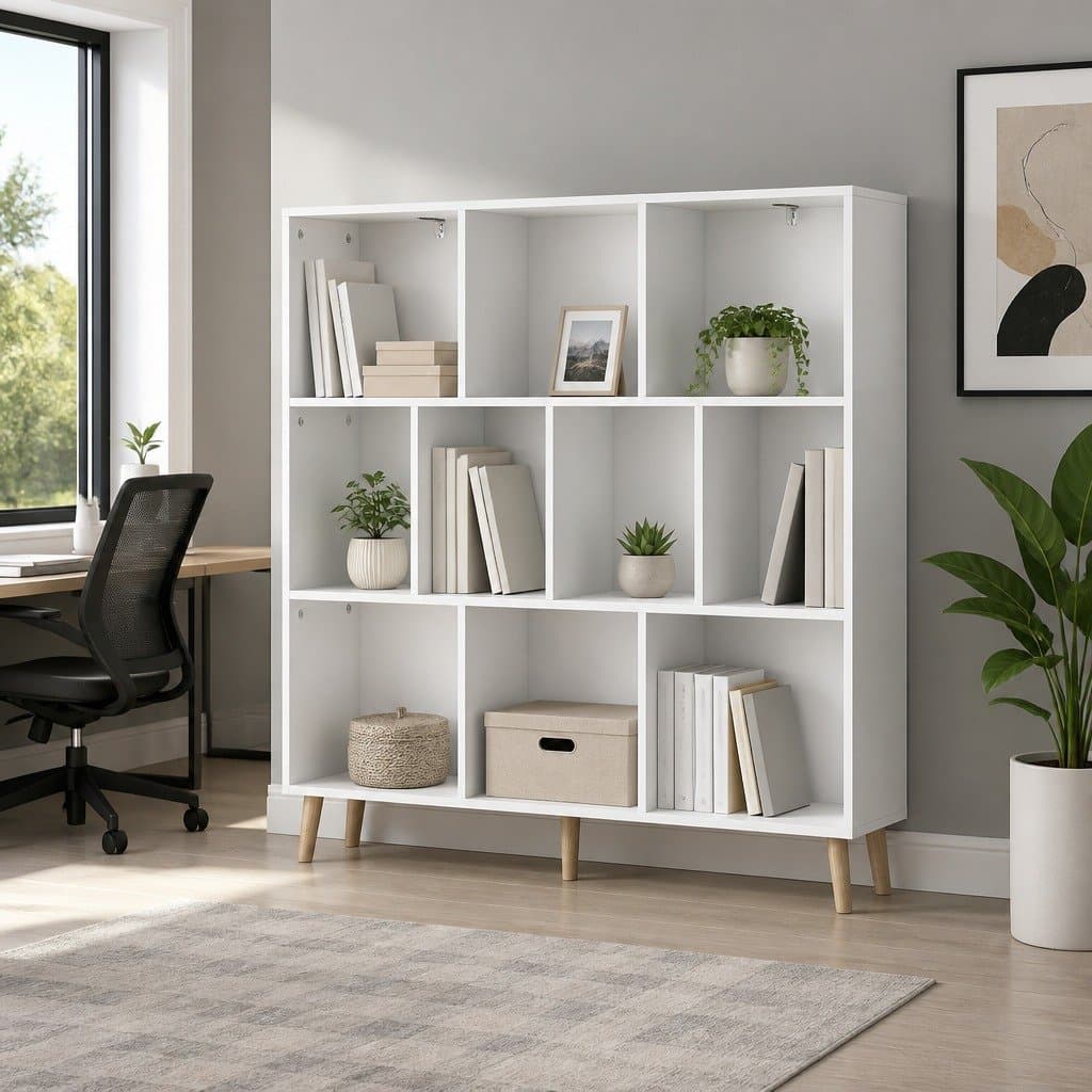 Bookshelf 3 Tiers 10 Cubes Storage Display Shelving Unit White Pine Wood Legs