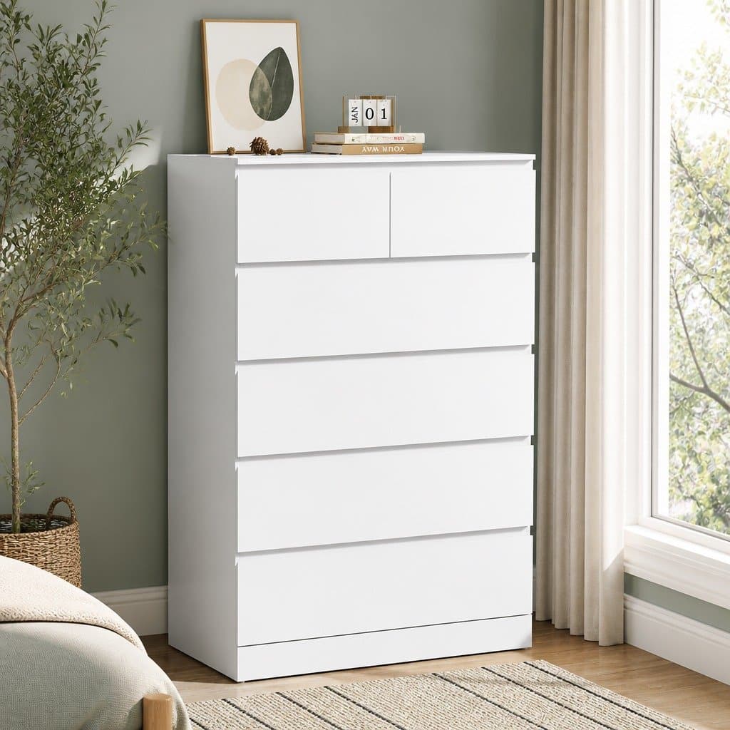 White Chest of Drawers with 6 Spacious Drawers