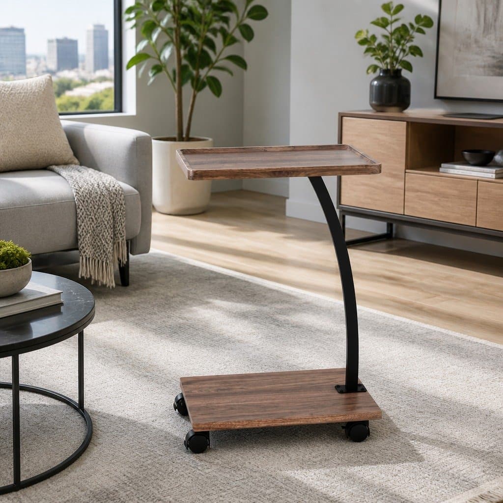 C Shaped Coffee Table with Wheels in Walnut
