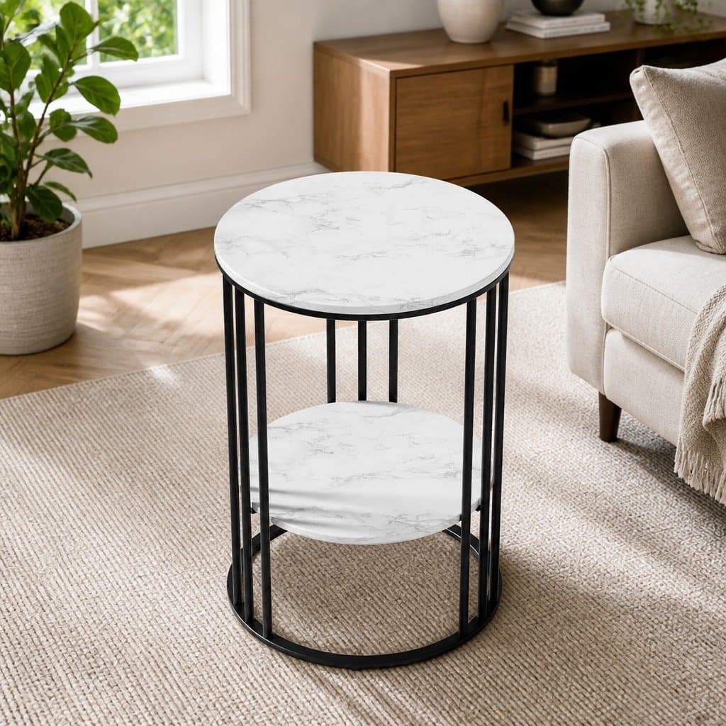 Beige 2-Tier Round Coffee Table with Marble Effect