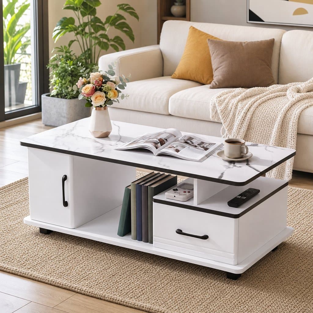 White Marble Coffee Table with Hidden Storage