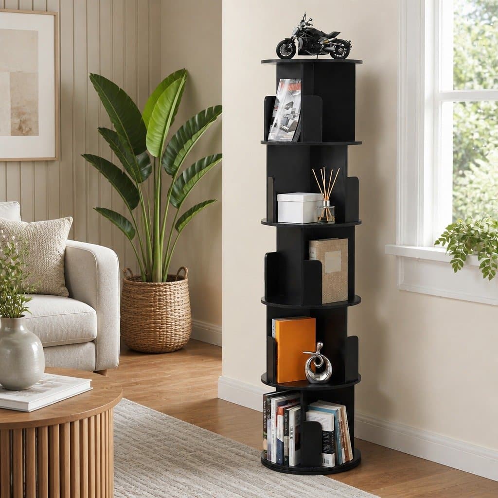 5 Tier Rotating Bookshelf with 360-Degree Swivel Black