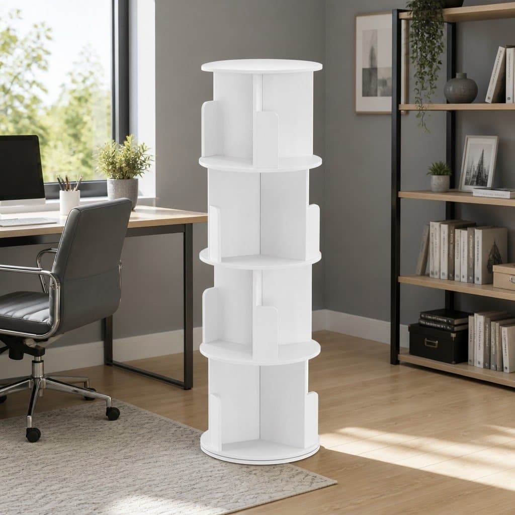 4 Tier Rotating Display Shelf White Bookcase