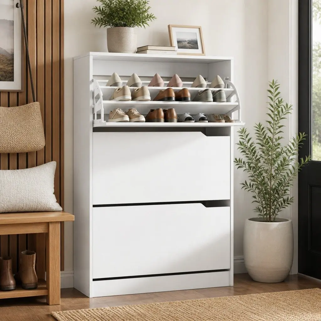 White Shoe Rack Cabinet for 24 Pairs