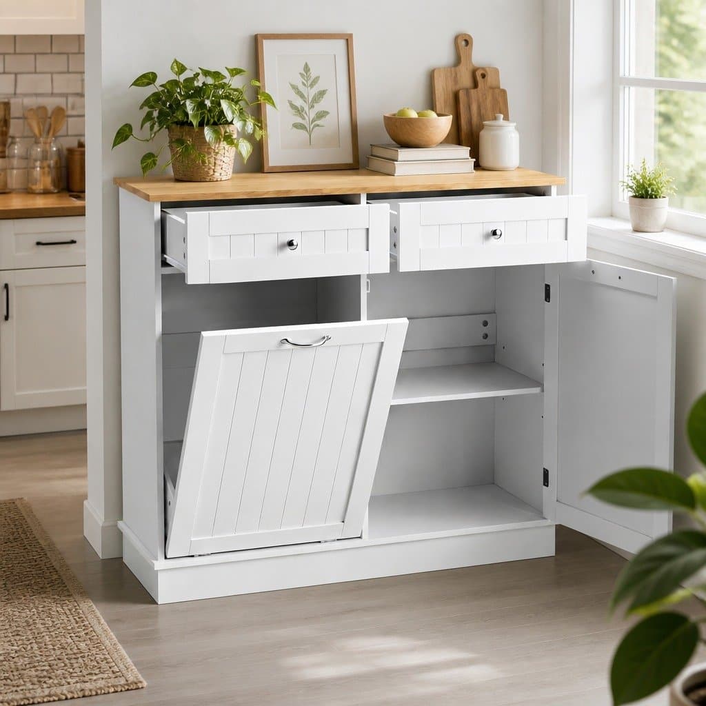 White Buffet Sideboard with Tilt-Out Bin Holder
