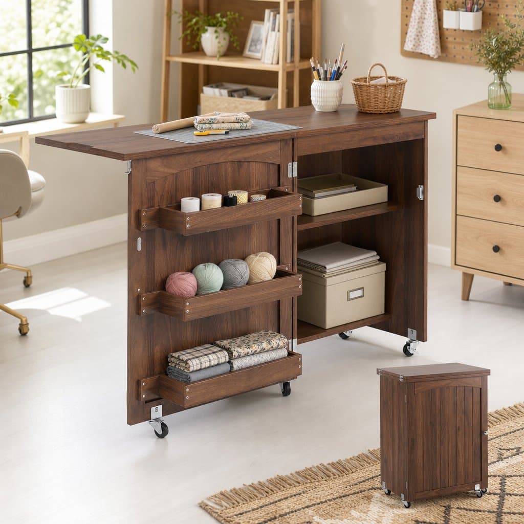 Folding Sewing Table with Ample Storage in Brown