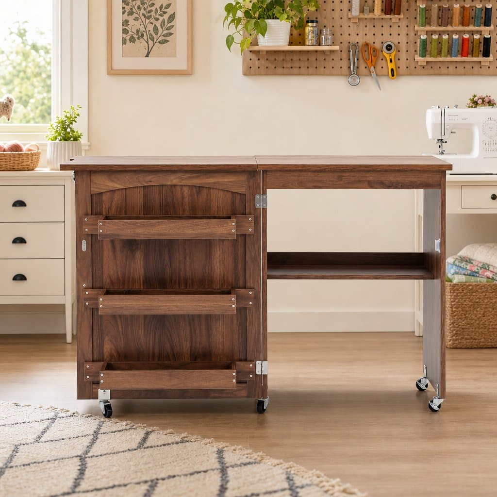 Folding Sewing Table with Ample Storage in Brown