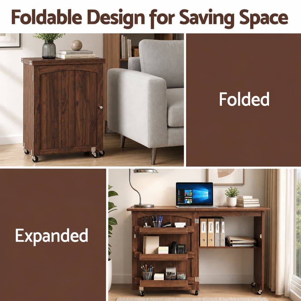 Folding Sewing Table with Ample Storage in Brown