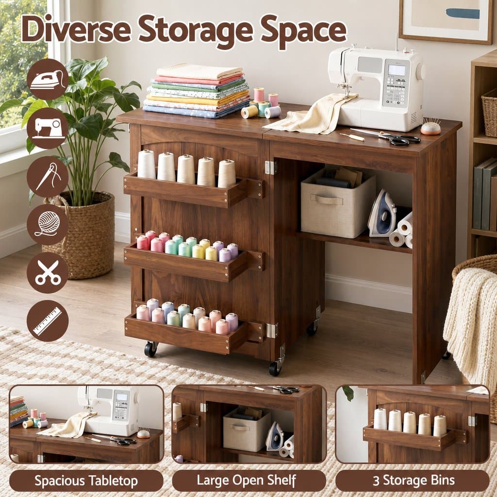 Folding Sewing Table with Ample Storage in Brown