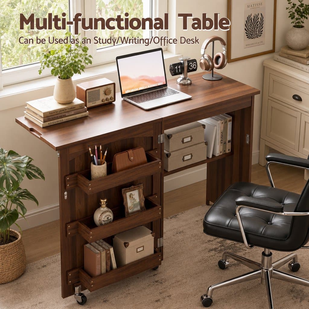 Folding Sewing Table with Ample Storage in Brown