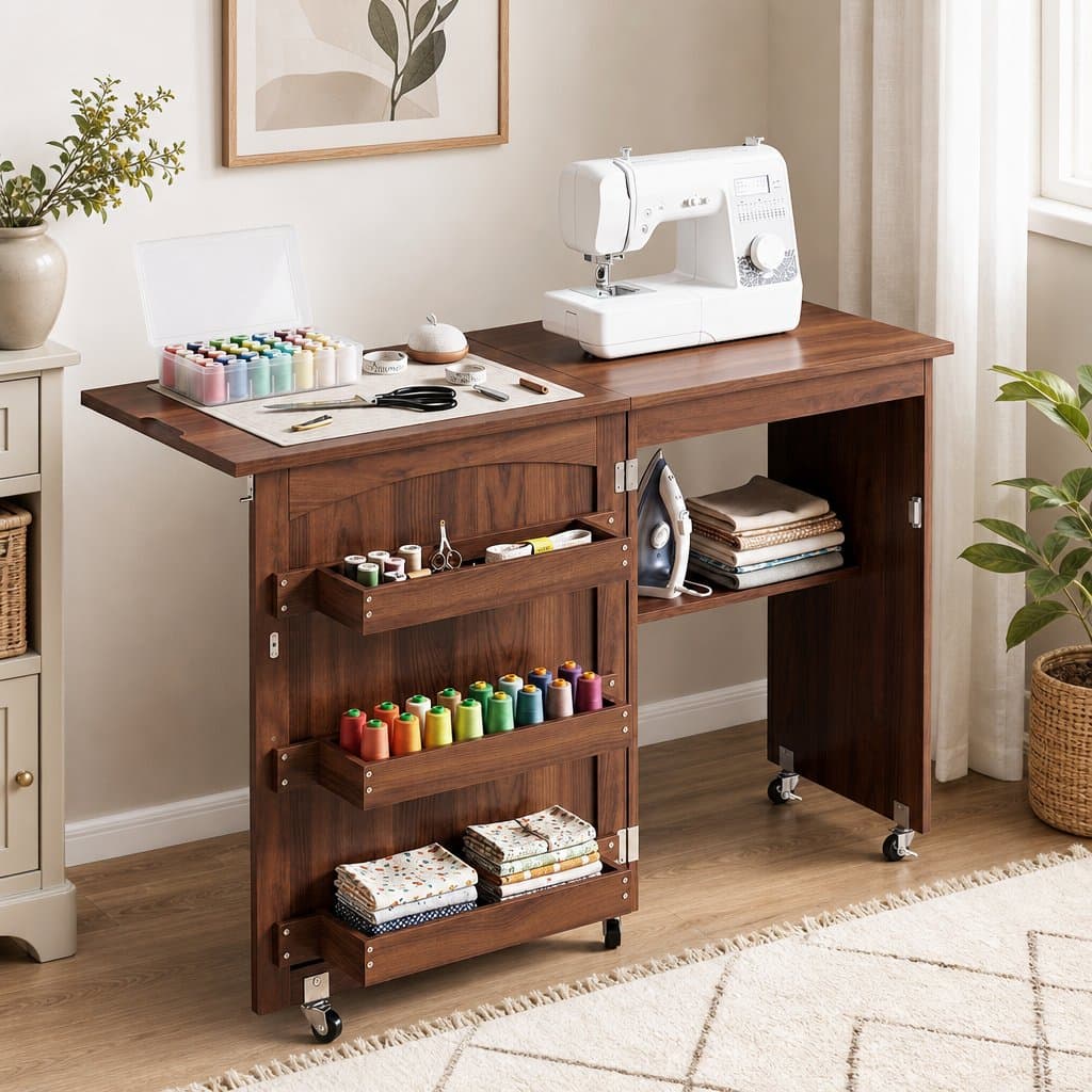Folding Sewing Table with Ample Storage in Brown