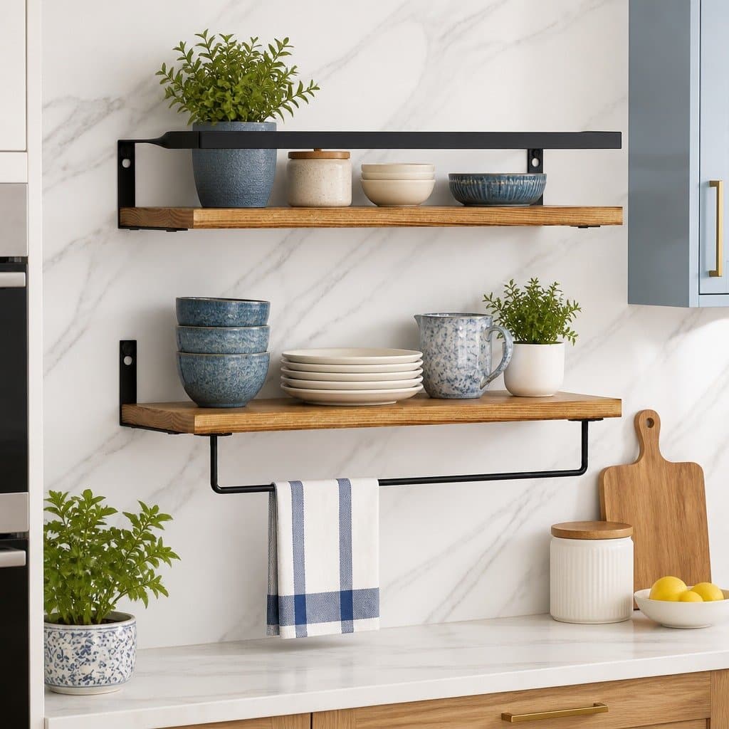 Set of 2 Floating Wall Shelves with Removable Towel Bar