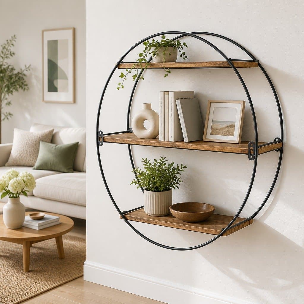 Rust Oak 3-Tier Floating Wall Shelf with Metal Frame
