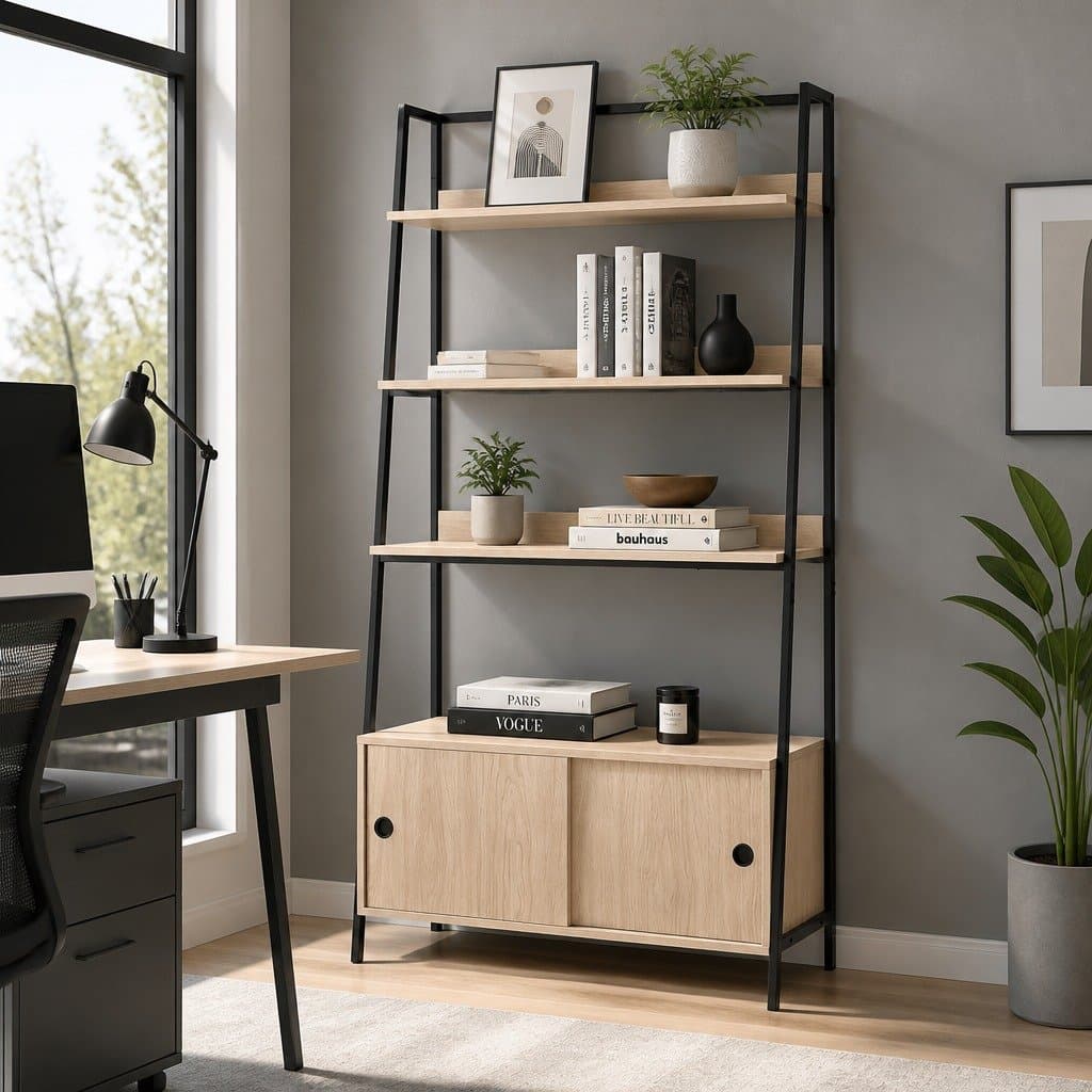 5 Tier Oak Cube Bookshelf with Sliding Cabinets