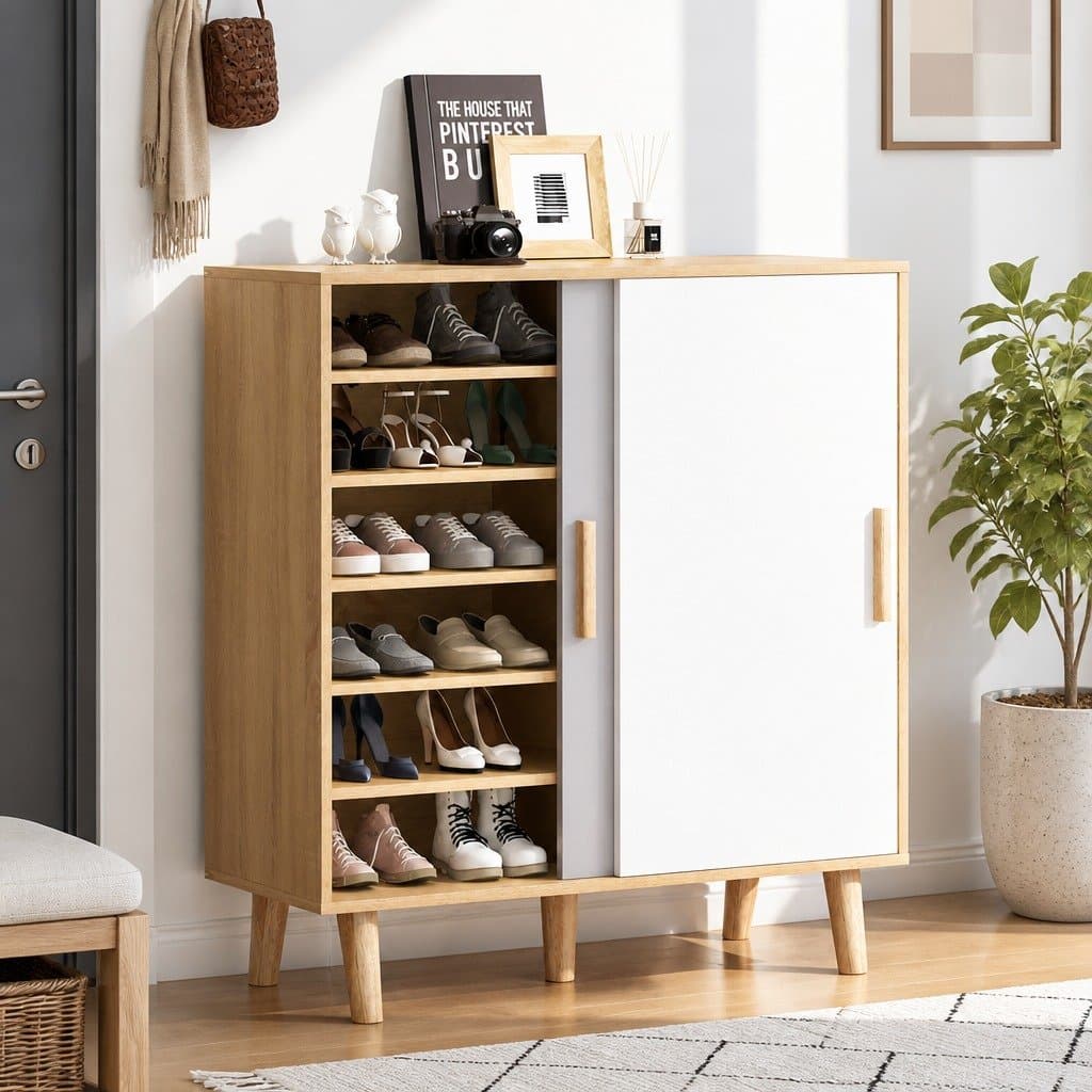 White Oak Shoe Cabinet with 30 Pair Storage and Sliding Doors