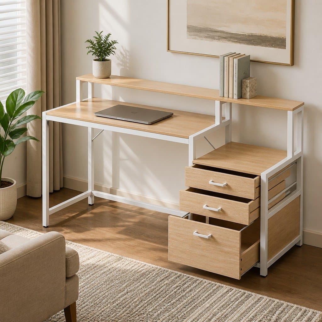 Computer Desk Home Office Study Table with Drawers Open Shelf Oak 160cm