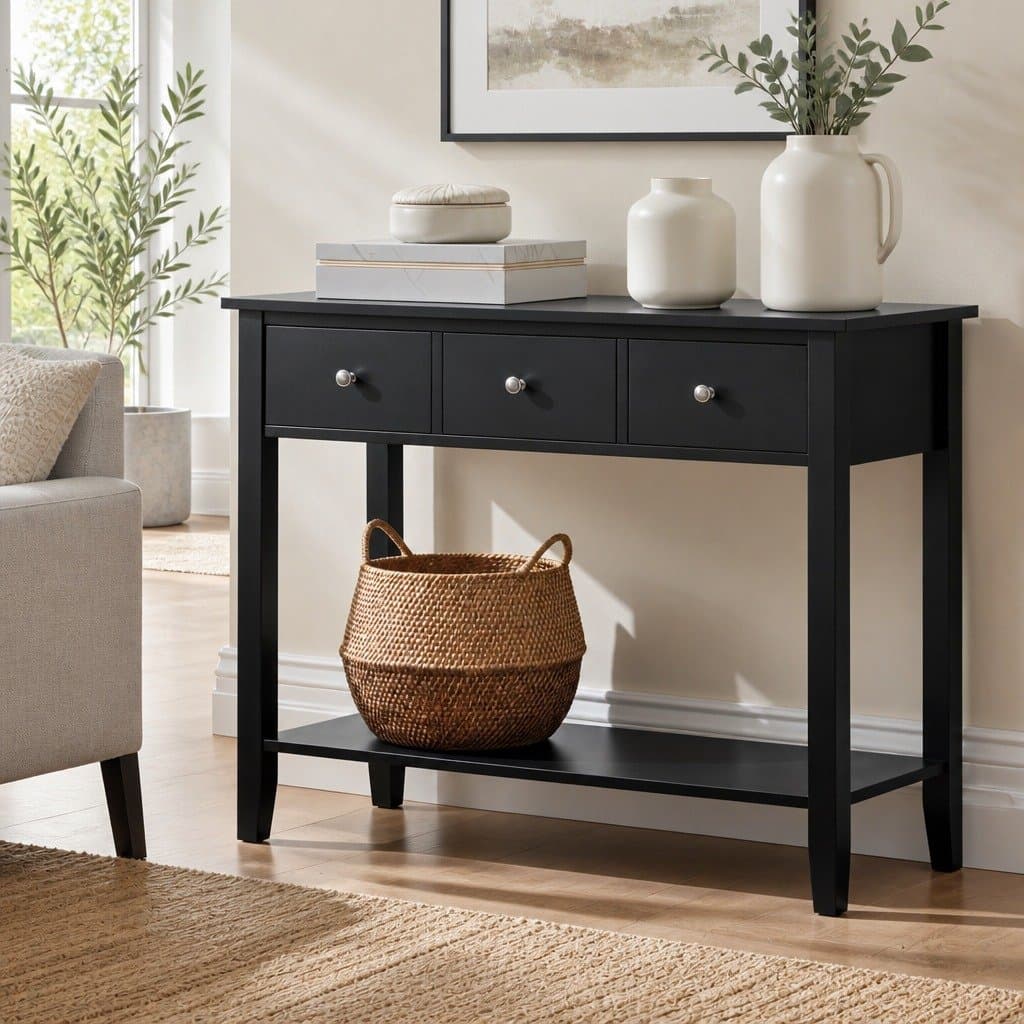 Black Console Table with 3 Drawers and Shelf