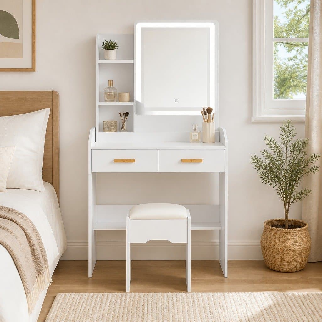 Hollywood LED Makeup Mirror Dressing Table Set in White