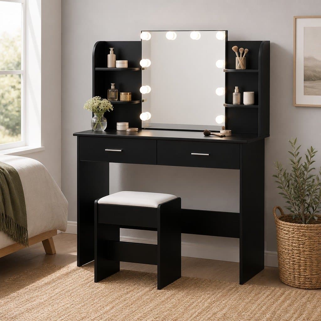 Black Dressing Table Set with LED Mirror and Stool