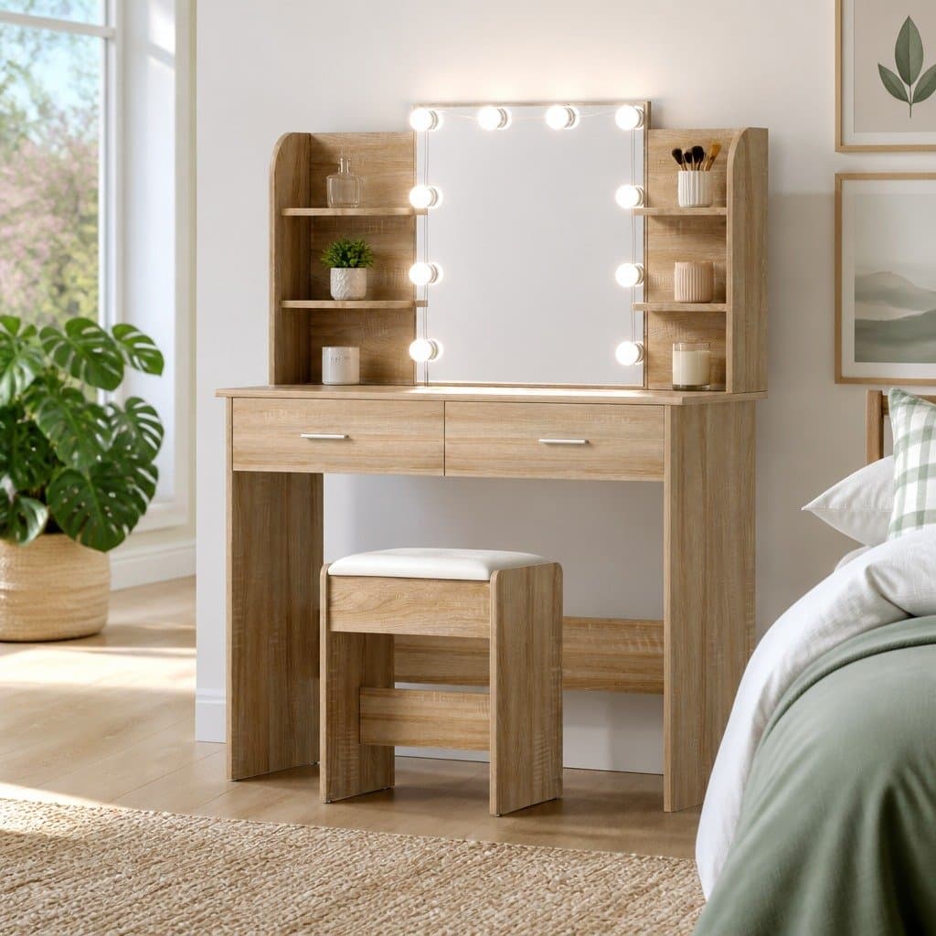 Hollywood Vanity Mirror Set with LED Bulbs and Stool