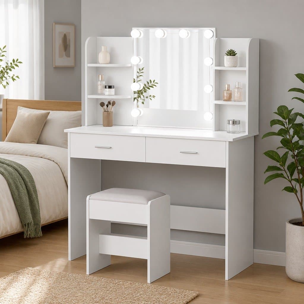 Hollywood Dressing Table with LED Bulbs and Stool