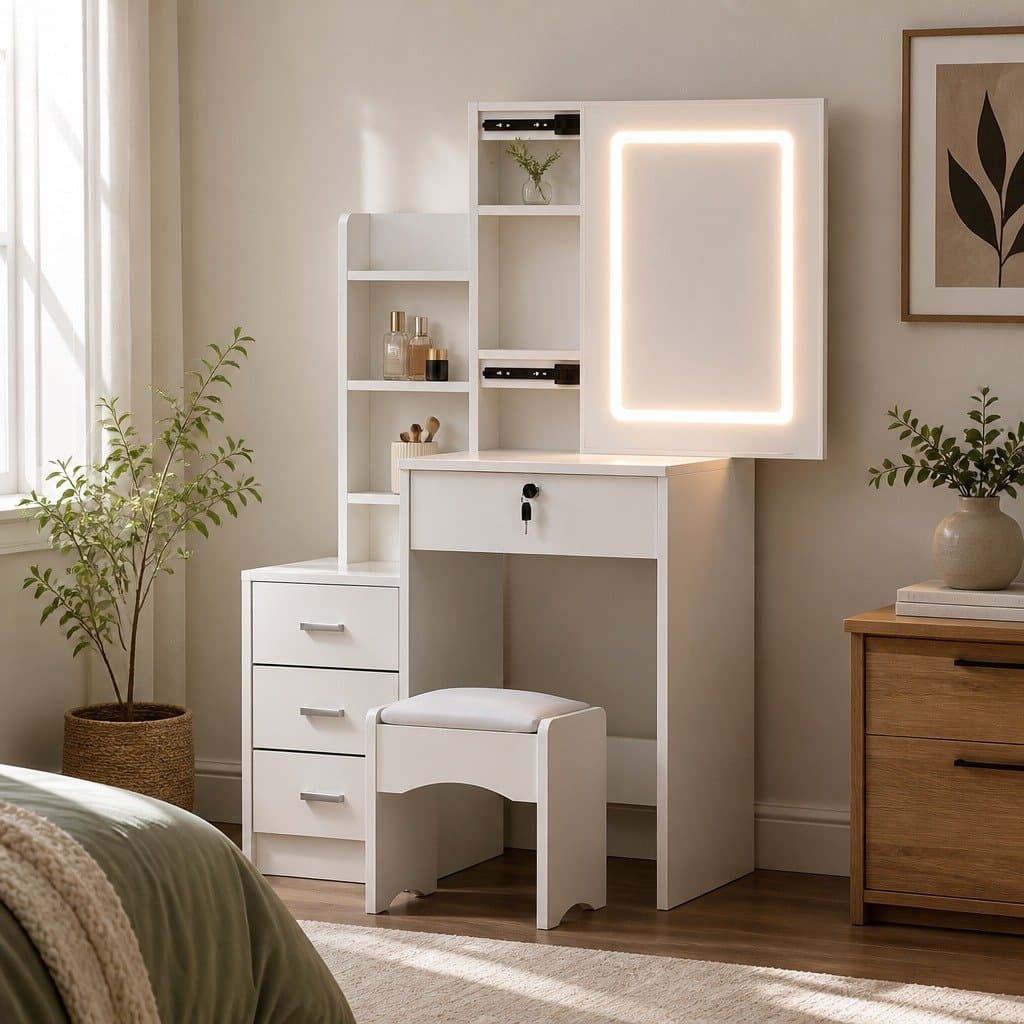 White Vanity Desk Set with Stool and LED Lights