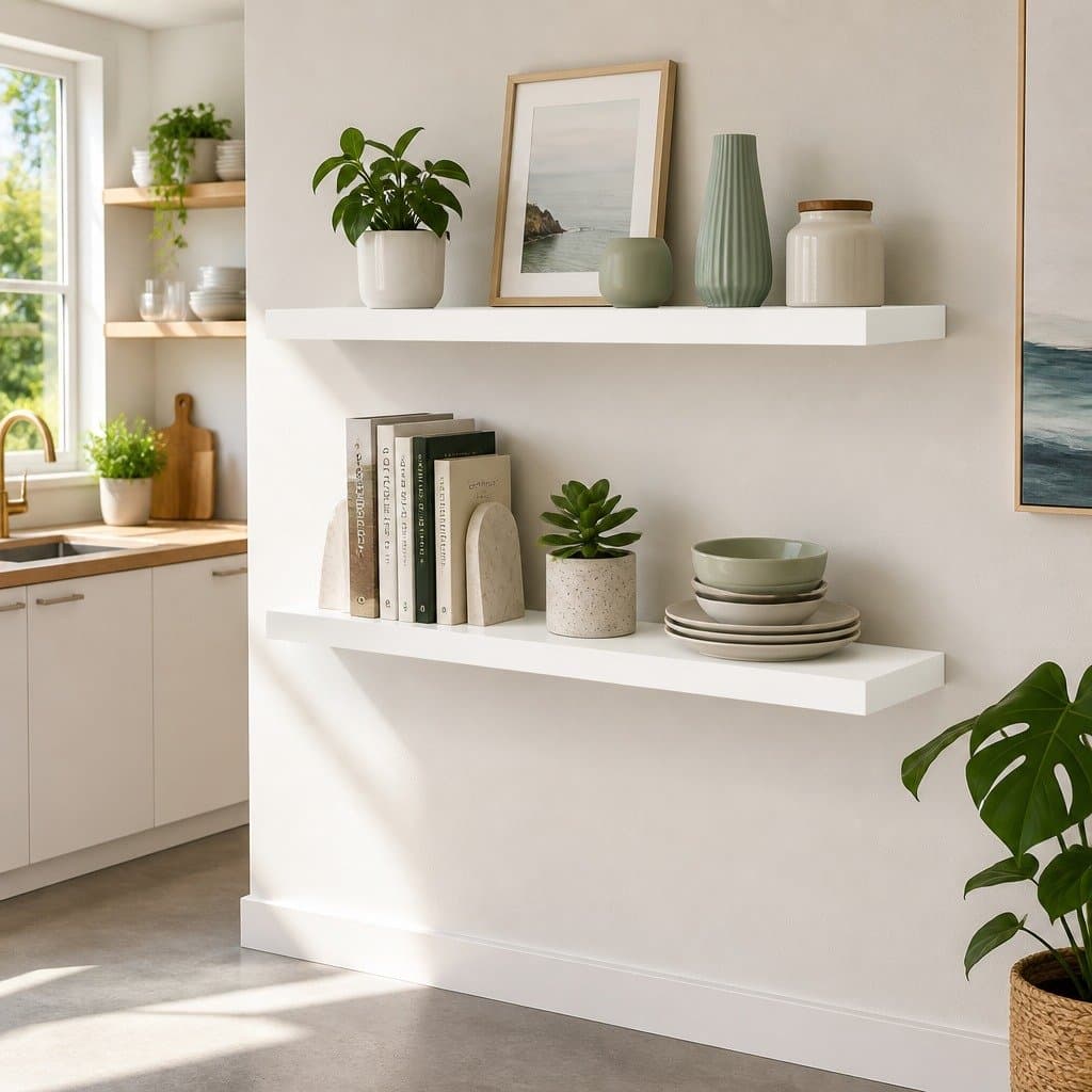 Set of 2 White Floating Wall Shelves for Storage