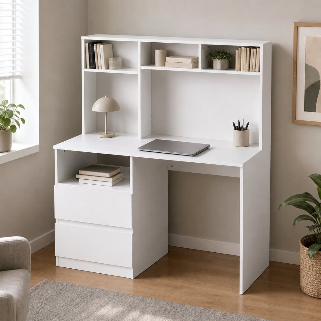 White Computer Desk with Storage and Drawer