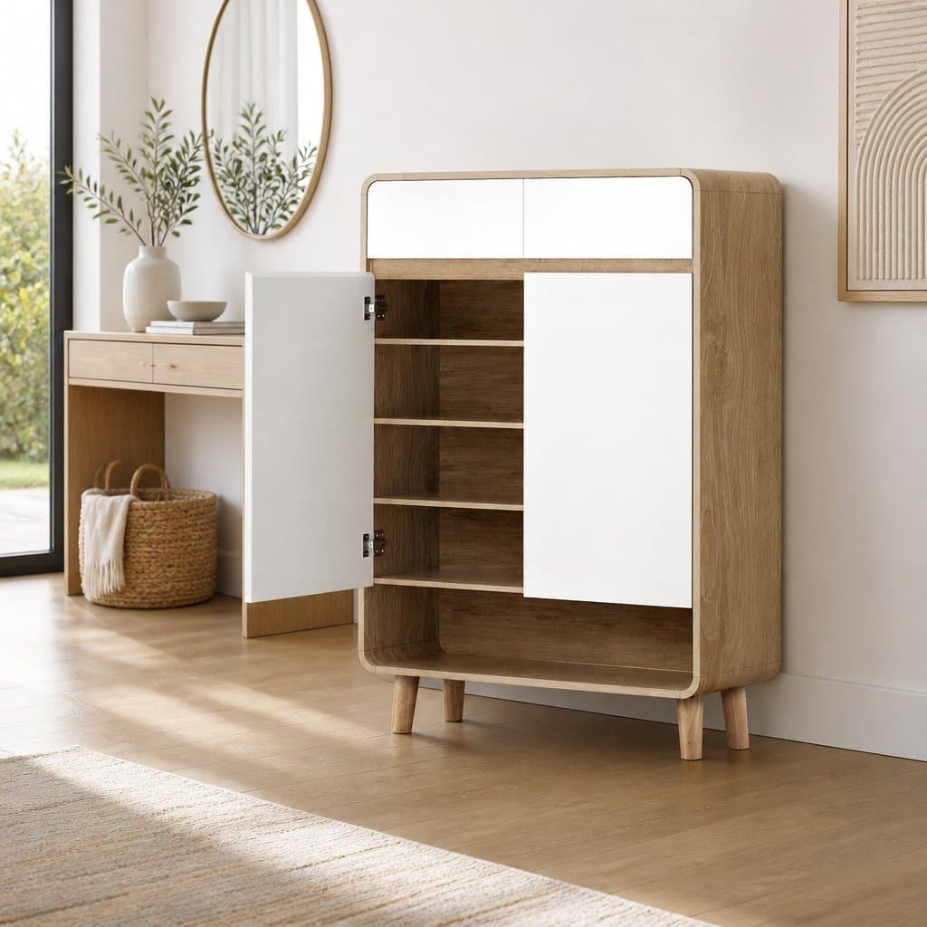 Shoe Rack Cabinet 20 Pairs Storage Cupboard with Drawers White Pine Hallway