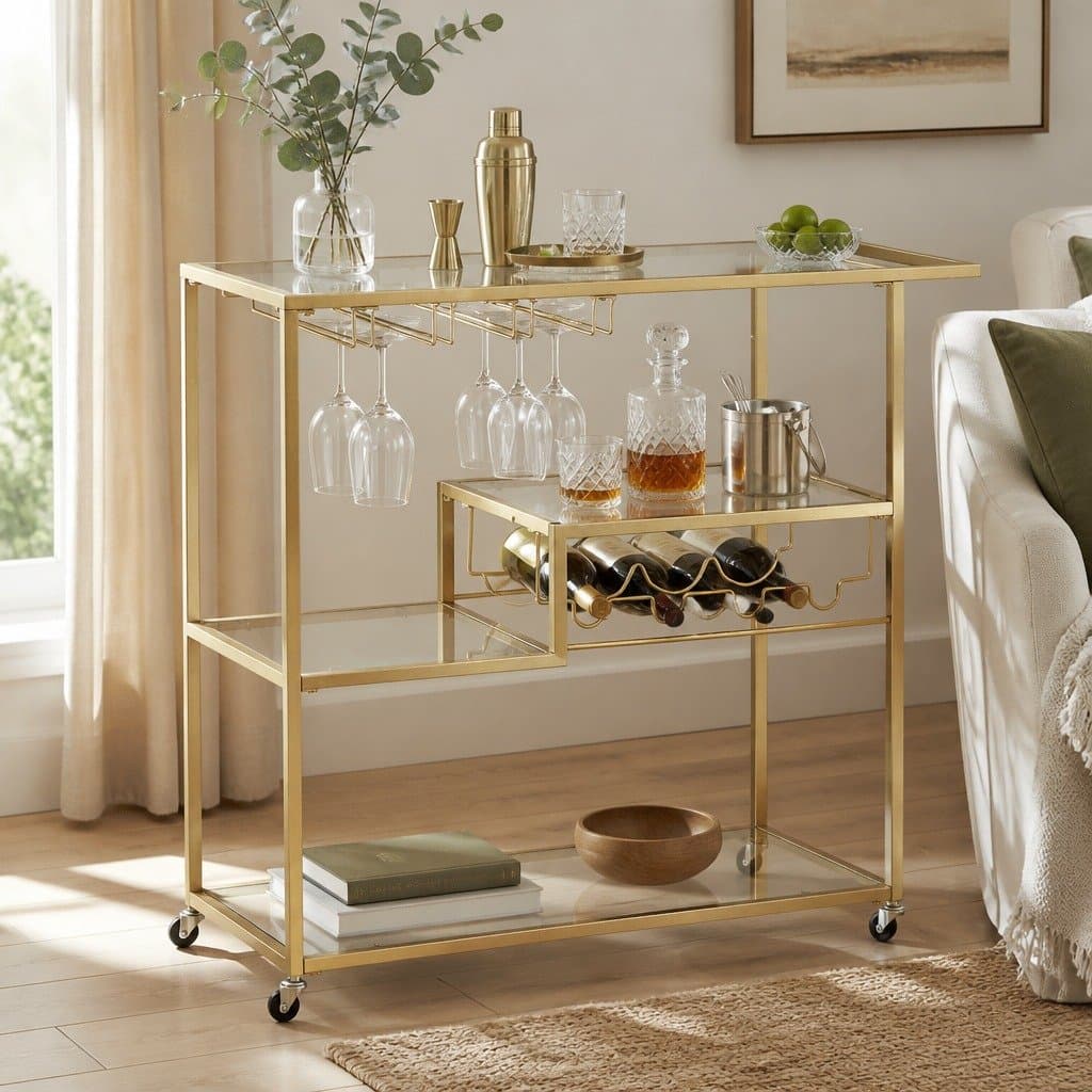 Gold Metal Bar Cart with Glass Shelves and Wine Rack