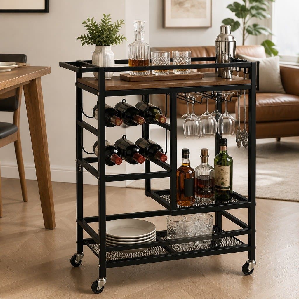Bar Cart with Removable Wine Racks and Hooks